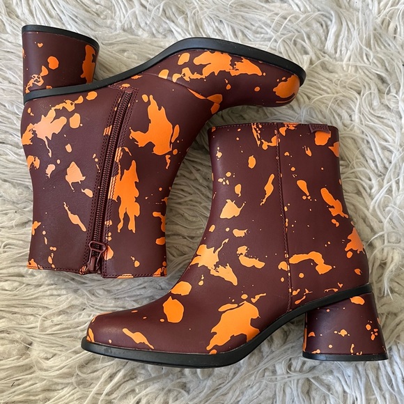 Camper Kiara Orange Brown Paint Splatter Leather Heeled Ankle Boots EUC Size 37 - Picture 4 of 13